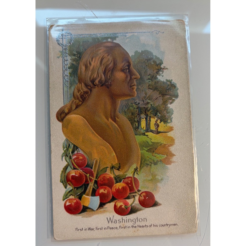 Vintage 1908 George Washington Birthday  Embossed Postcard - Cherries & Hatchet